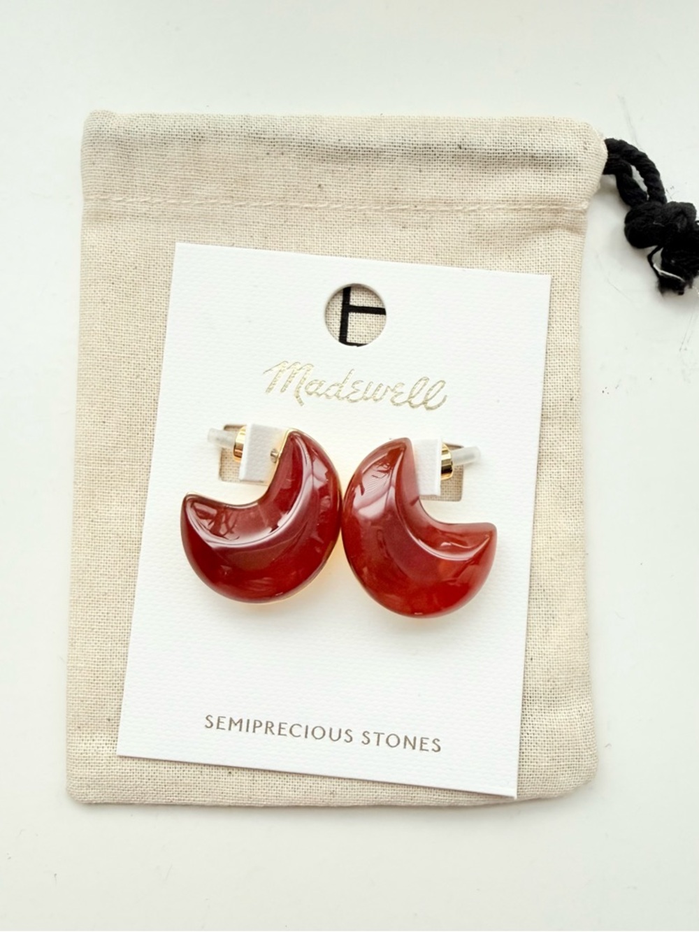 NWT Madewell Semiprecious Stone Moon Shaped Chunky Hoop Earrings Red Gold